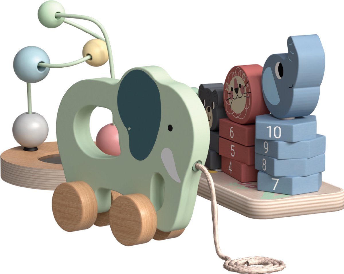 Wood’n Buddy Houten Speelgoedset – 3-delig Montessori – Trek Olifant, Dierentelspel & Motoriek Kralenframe